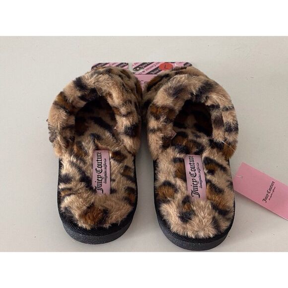 Juicy Couture ELDORIS 2 Faux Fur LEOPARD Slip On Slide Slippers Women’s L 9/10 - Picture 2 of 10